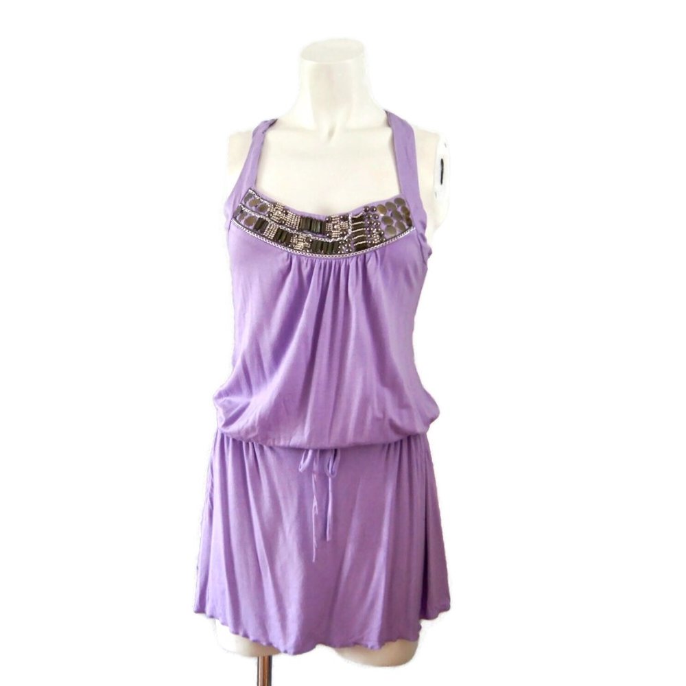 Carmin Los Angeles Mini Dress Beaded Neckline Drawstring Waist